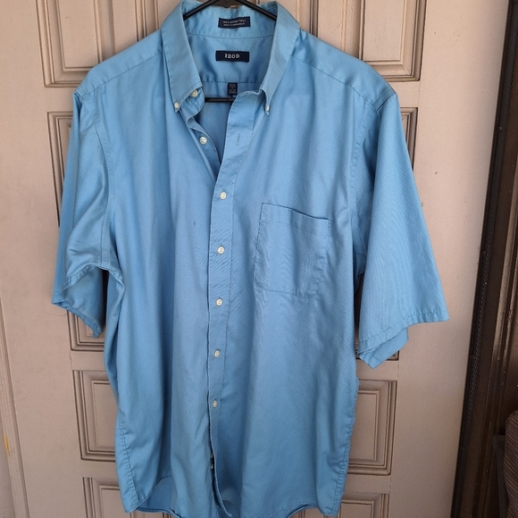 Izod Men's Shirt Sz17 Easy Care Short Sleeves Blue ButtonUp Collar Cotton Twill - Picture 9 of 11